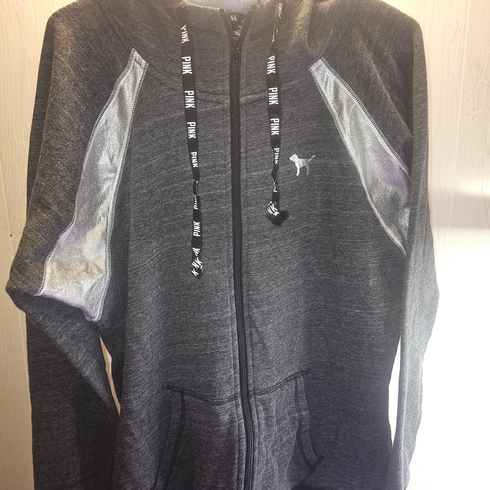 PINK Victoria's Secret Charcoal Hoodie with White Logo - Picture 1 of 4